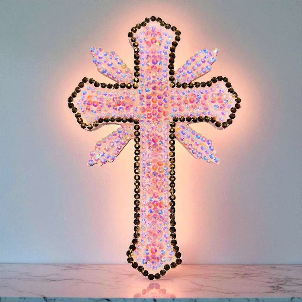 Handmade Rhinestone Cross Pink Sparkly Religious Christian Spiritual Milagro